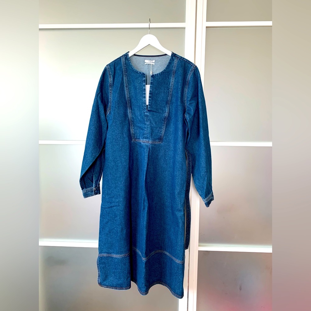 CO 100% cotton denim bib front dress in indigo NWT XL